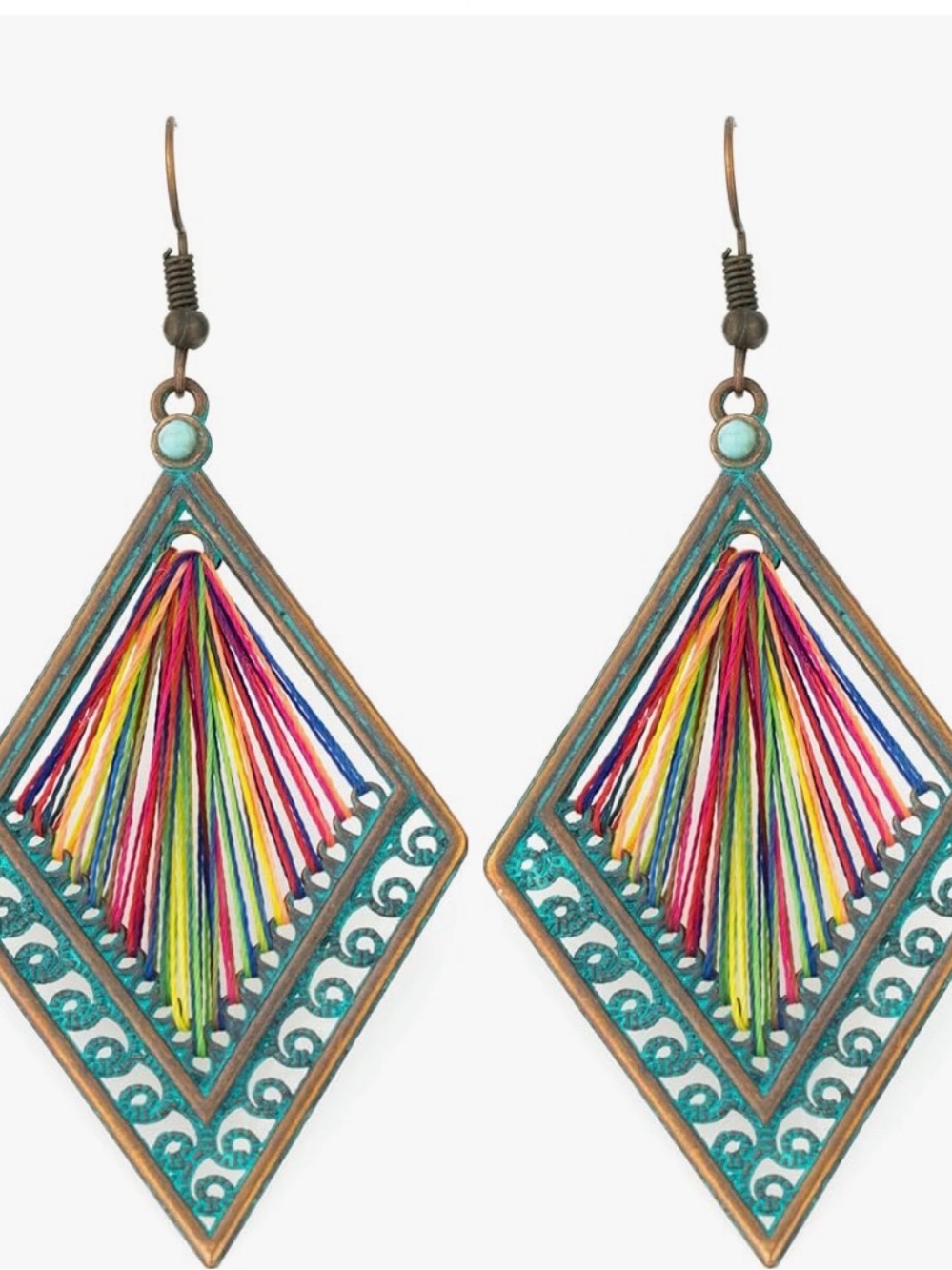 Turquoise Diamond Tassel Thread Earrings - Multicolor